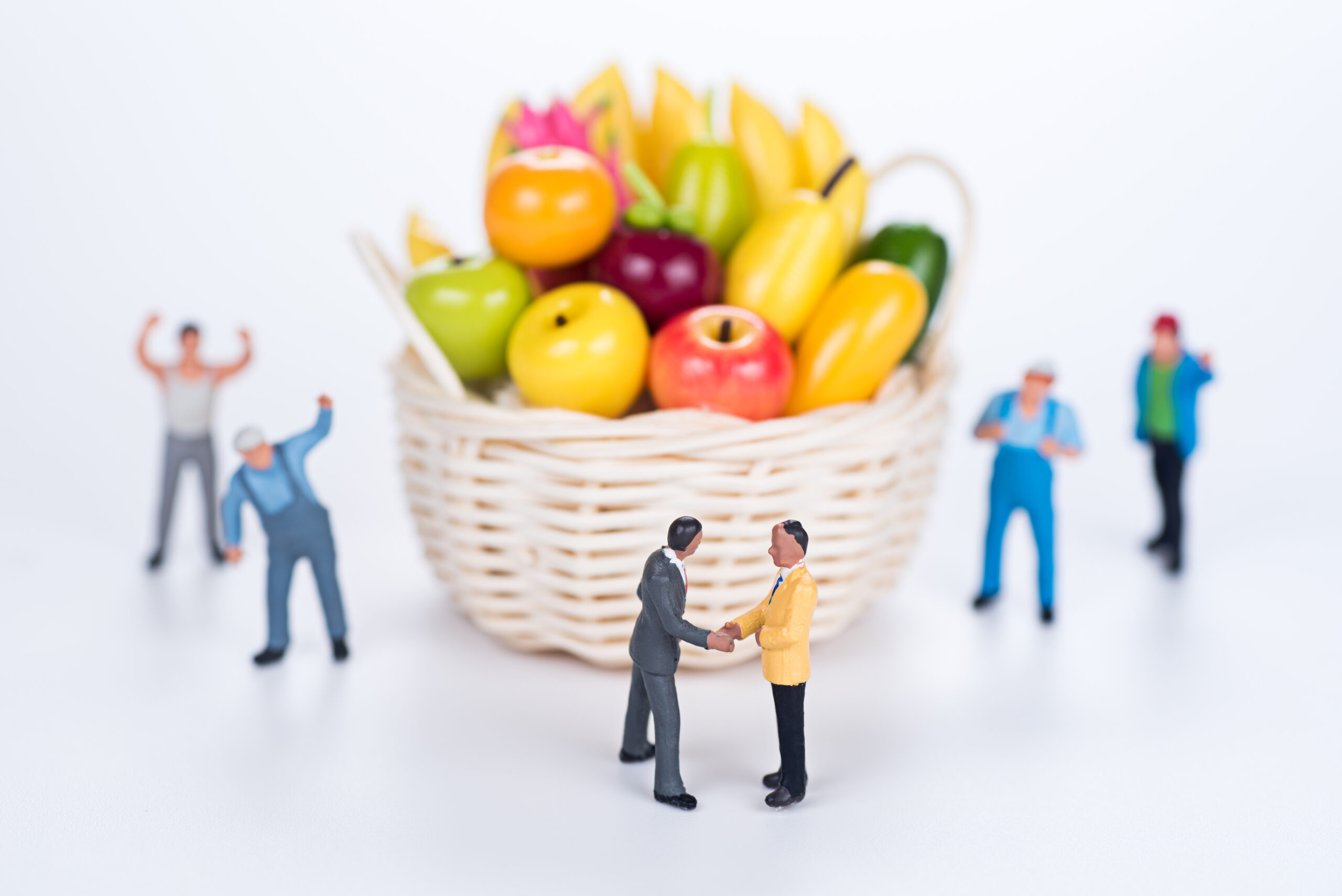 miniature team make agreement with fruit basket on white background